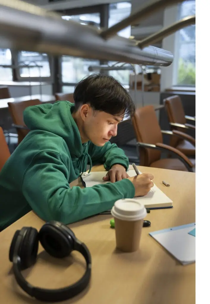 Secondary student writing notes at a desk